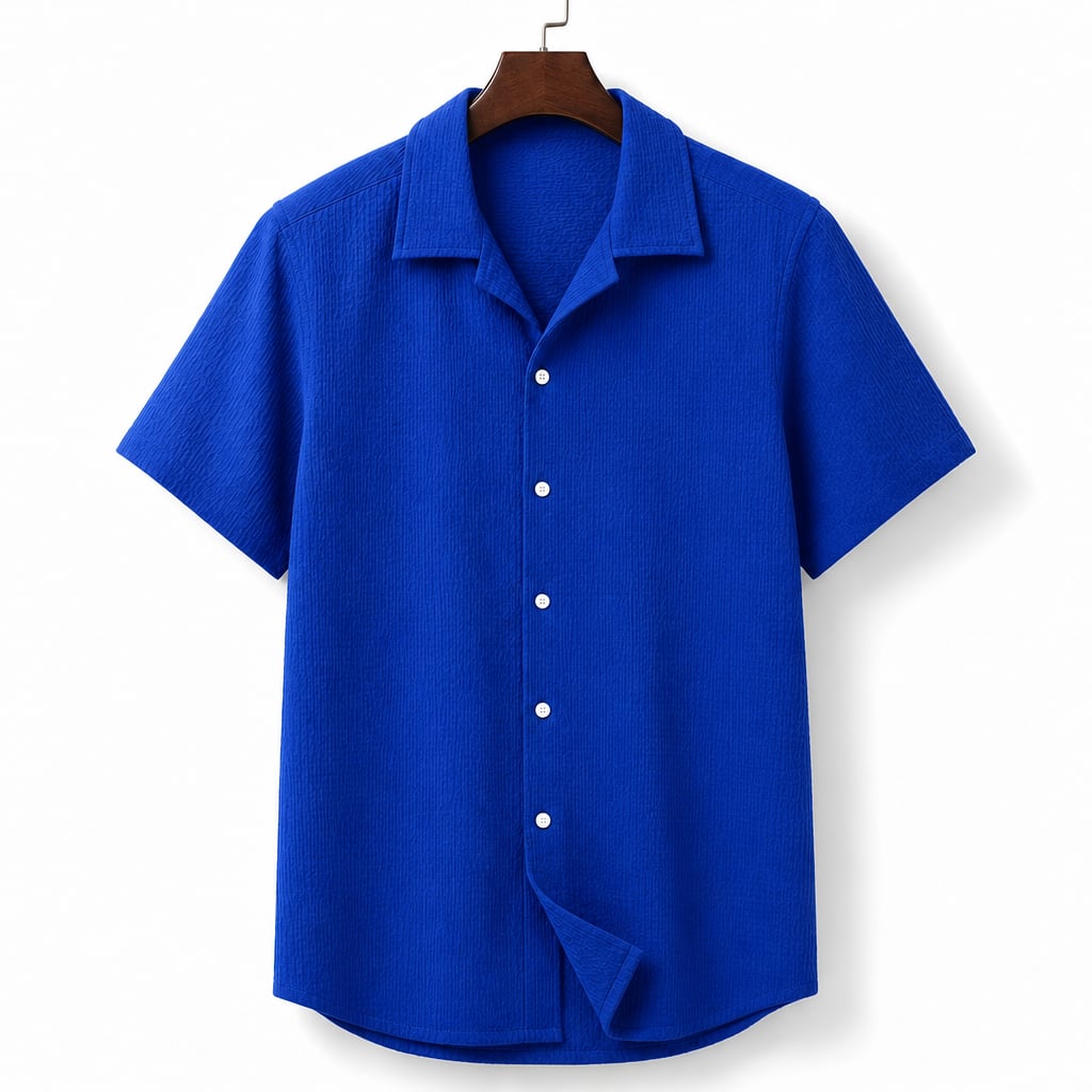 Shirt Shop Cuban Collar Textured Button-Front Short Sleeve Blue – Product Photo