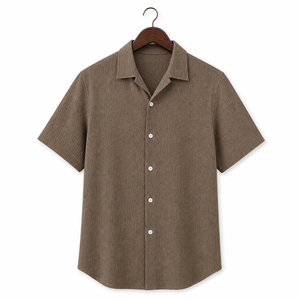 Shirt Shop Cuban Collar Textured Button-Front Short Sleeve Brown – Product Photo