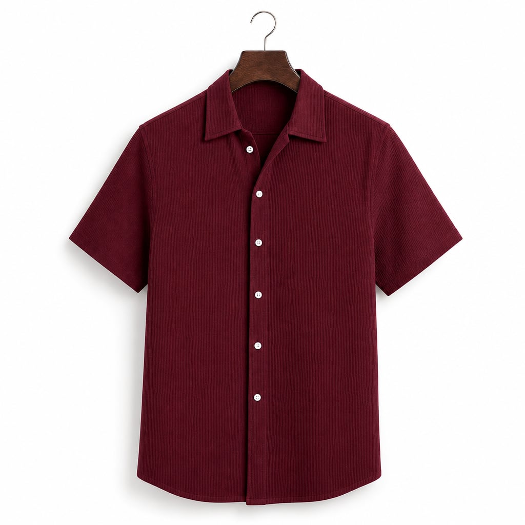 Shirt Shop Cuban Collar Textured Button-Front Short Sleeve Burgundy – Product Photo