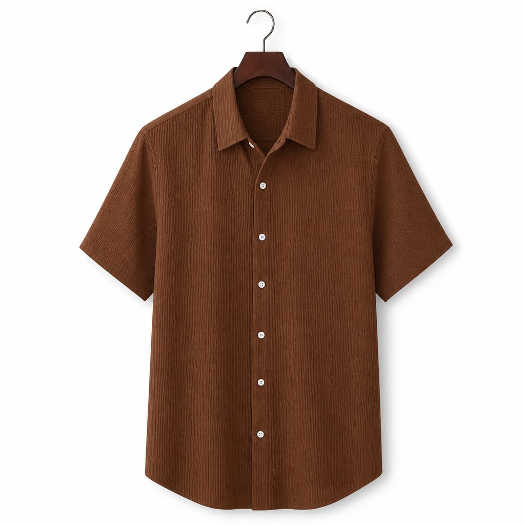 Shirt Shop Cuban Collar Textured Button-Front Short Sleeve Dark Brown – Product Photo