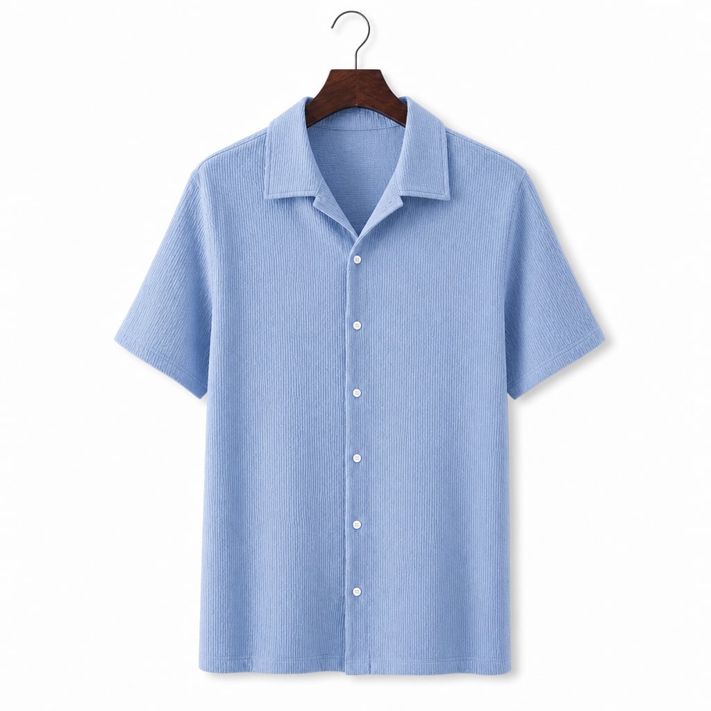 Shirt Shop Cuban Collar Textured Button-Front Short Sleeve Light Blue – Product Photo