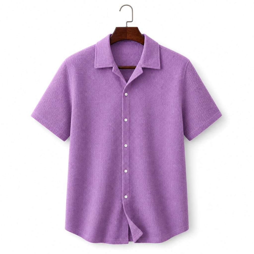 Shirt Shop Cuban Collar Textured Button-Front Short Sleeve Purple – Product Photo