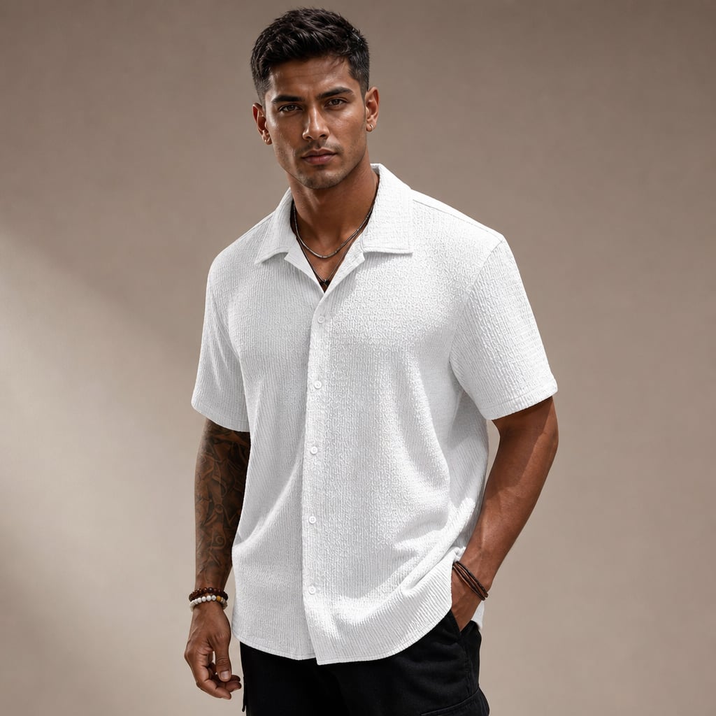 Shirt Shop Cuban Collar Textured Button-Front Short Sleeve White – Side Angle View