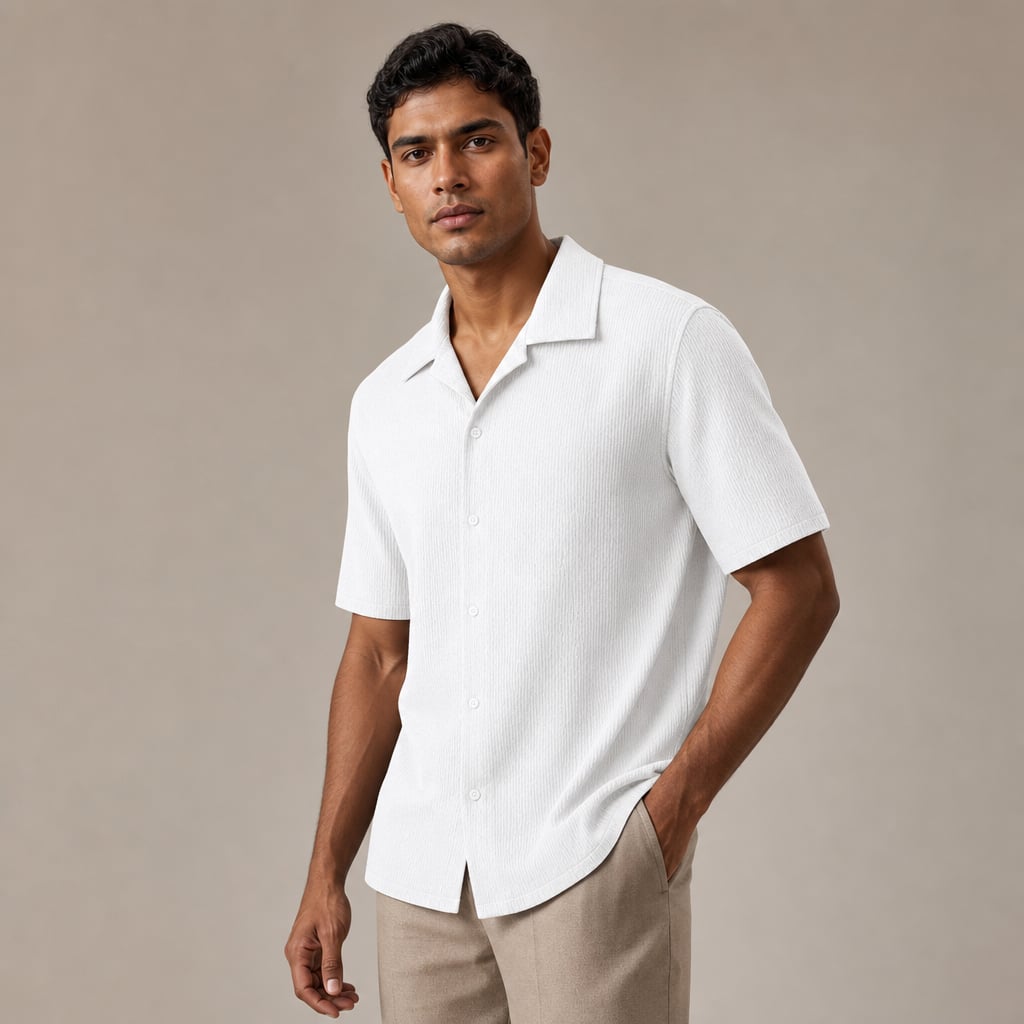 Shirt Shop Cuban Collar Textured Button-Front Short Sleeve White – Side Angle View