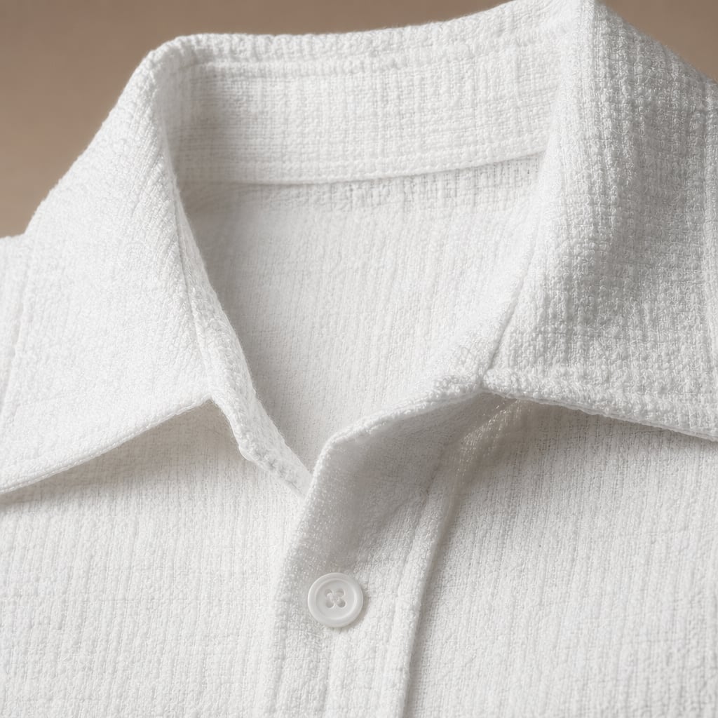 Shirt Shop Cuban Collar Textured Button-Front Short Sleeve White – Fabric and Detail Close-Up