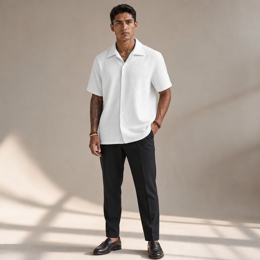 Shirt Shop Cuban Collar Textured Button-Front Short Sleeve White – Full Look