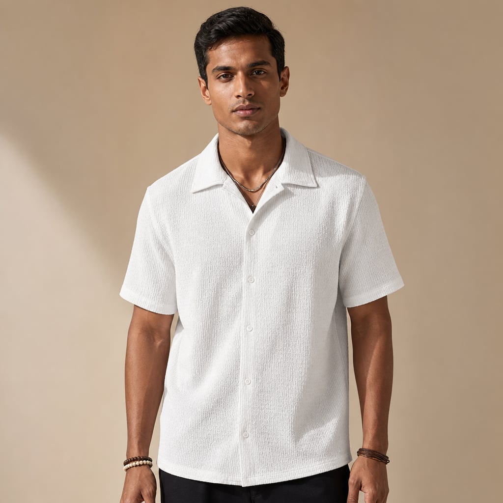 Shirt Shop Cuban Collar Textured Button-Front Short Sleeve in White – Tarlano Premium Menswear