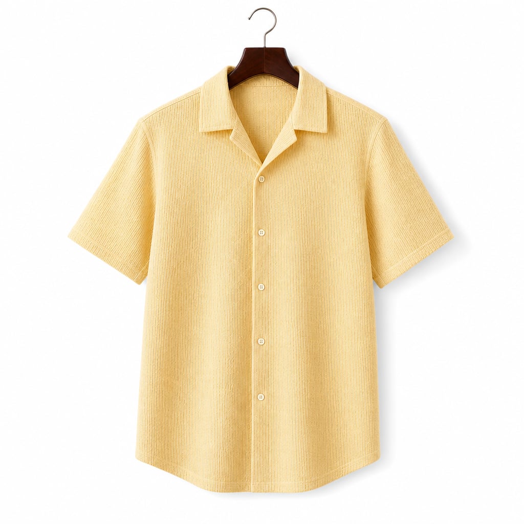 Shirt Shop Cuban Collar Textured Button-Front Short Sleeve Yellow – Product Photo