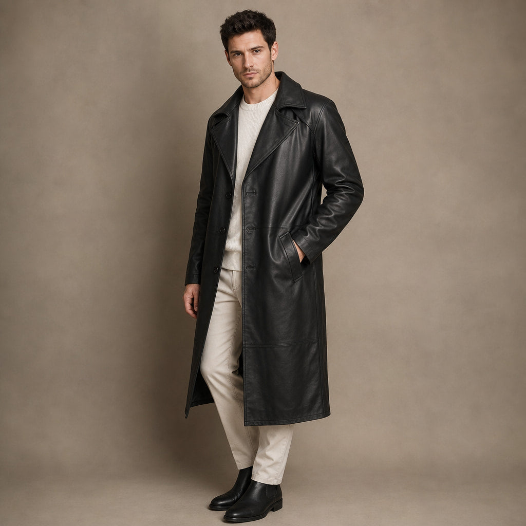 Sinner Black Leather Duster Coat For Men Black – Side Angle View