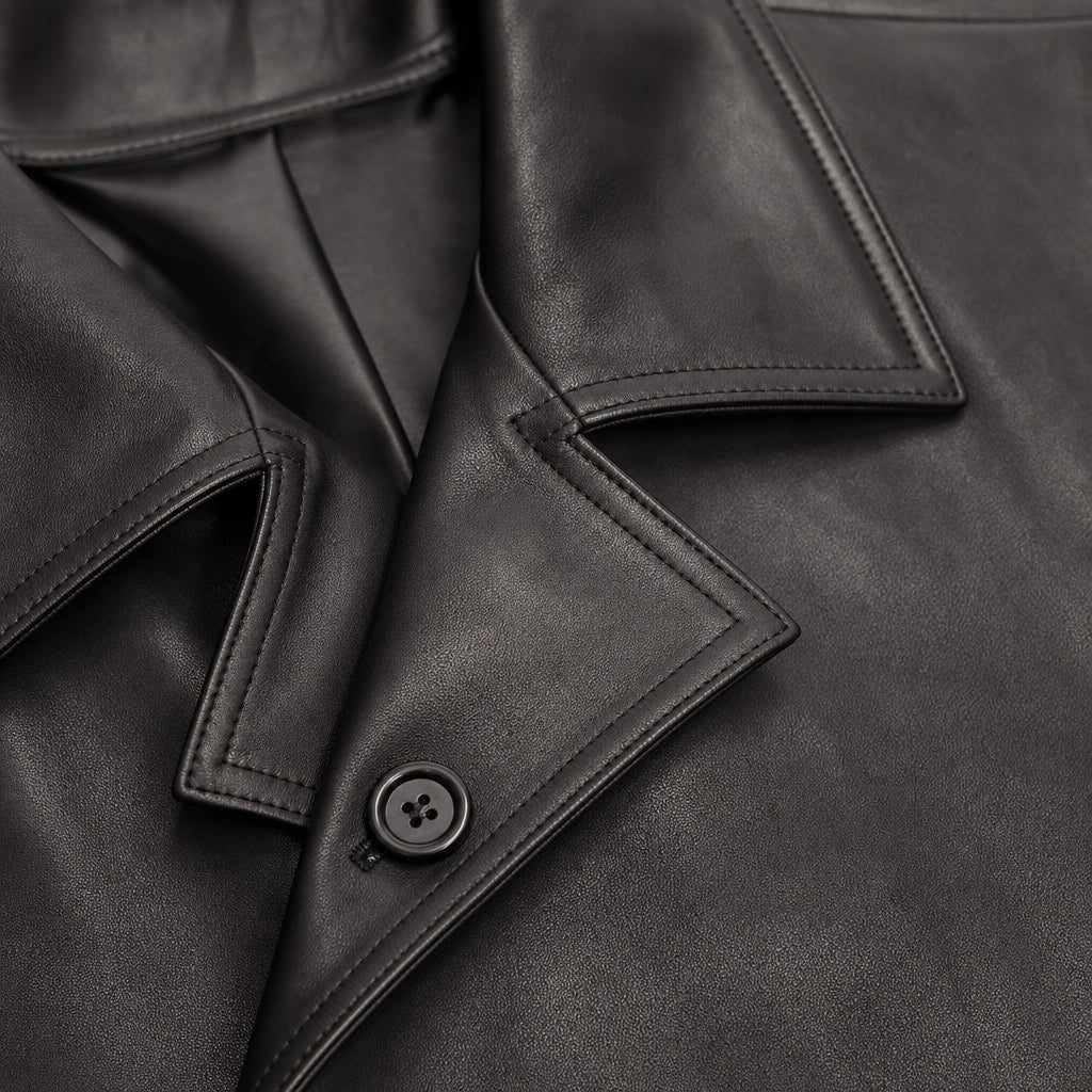 Sinner Black Leather Duster Coat For Men Black – Fabric and Detail Close-Up