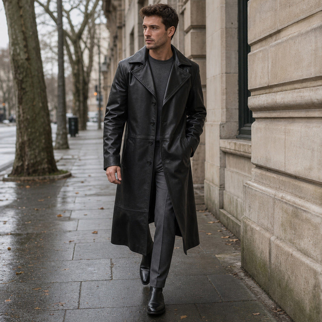 Sinner Black Leather Duster Coat For Men Black – Styled Editorial Shot