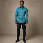 Slim Fit Stretch Dress Shirt Long Sleeve Button Front in White Green – Product Photo