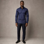 Slim Fit Stretch Dress Shirt Long Sleeve Button Front in White Navy – Product Photo