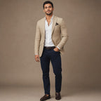 Slim-Fit Structured Woven Blazer Single Button Two Pockets Beige – Product Photo