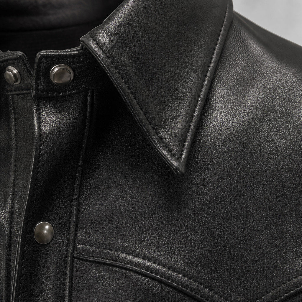 Slugger Black Trucker Leather Jacket For Men Black – Fabric and Detail Close-Up