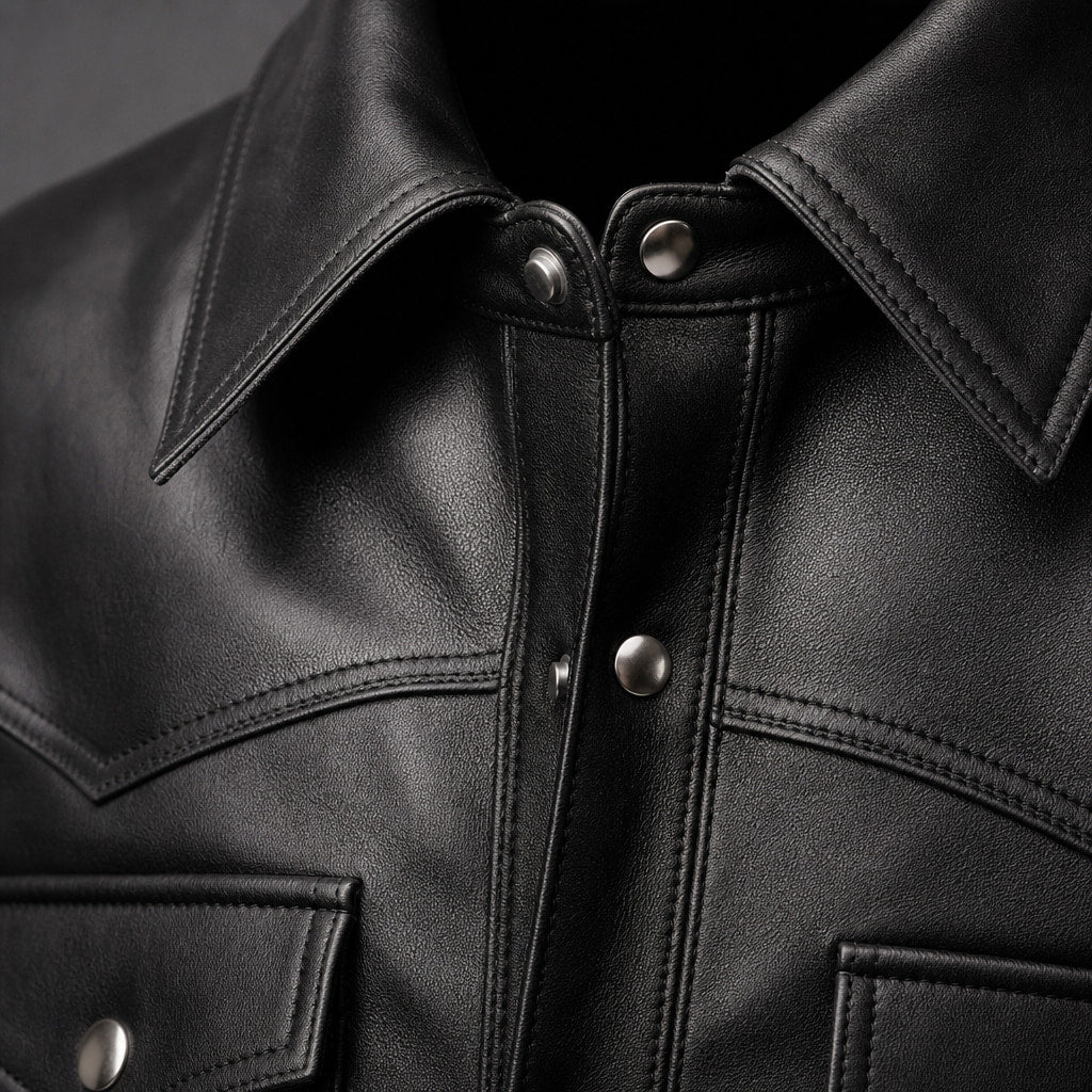 Slugger Black Trucker Leather Jacket For Men Black – Fabric and Detail Close-Up