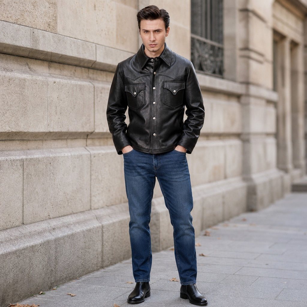 Slugger Black Trucker Leather Jacket For Men Black – Styled Editorial Shot