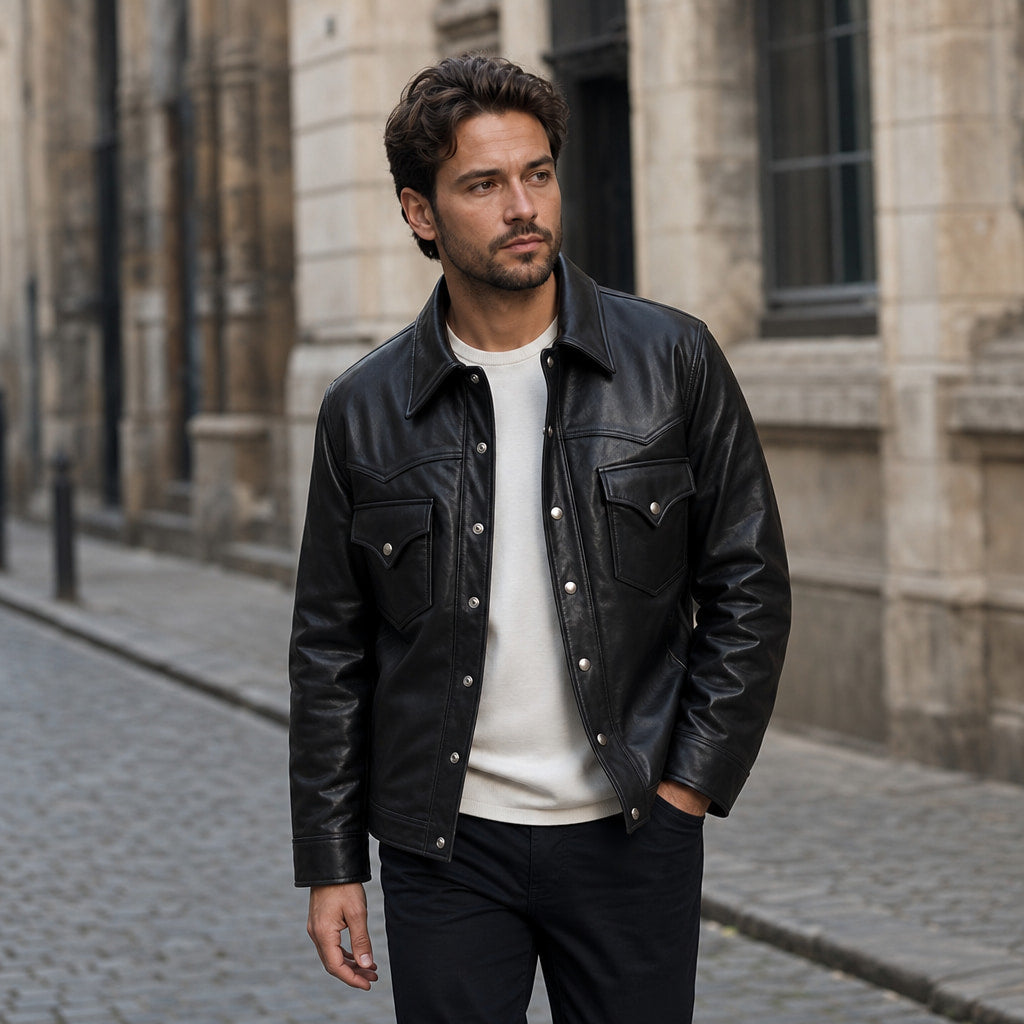 Slugger Black Trucker Leather Jacket For Men Black – Styled Editorial Shot