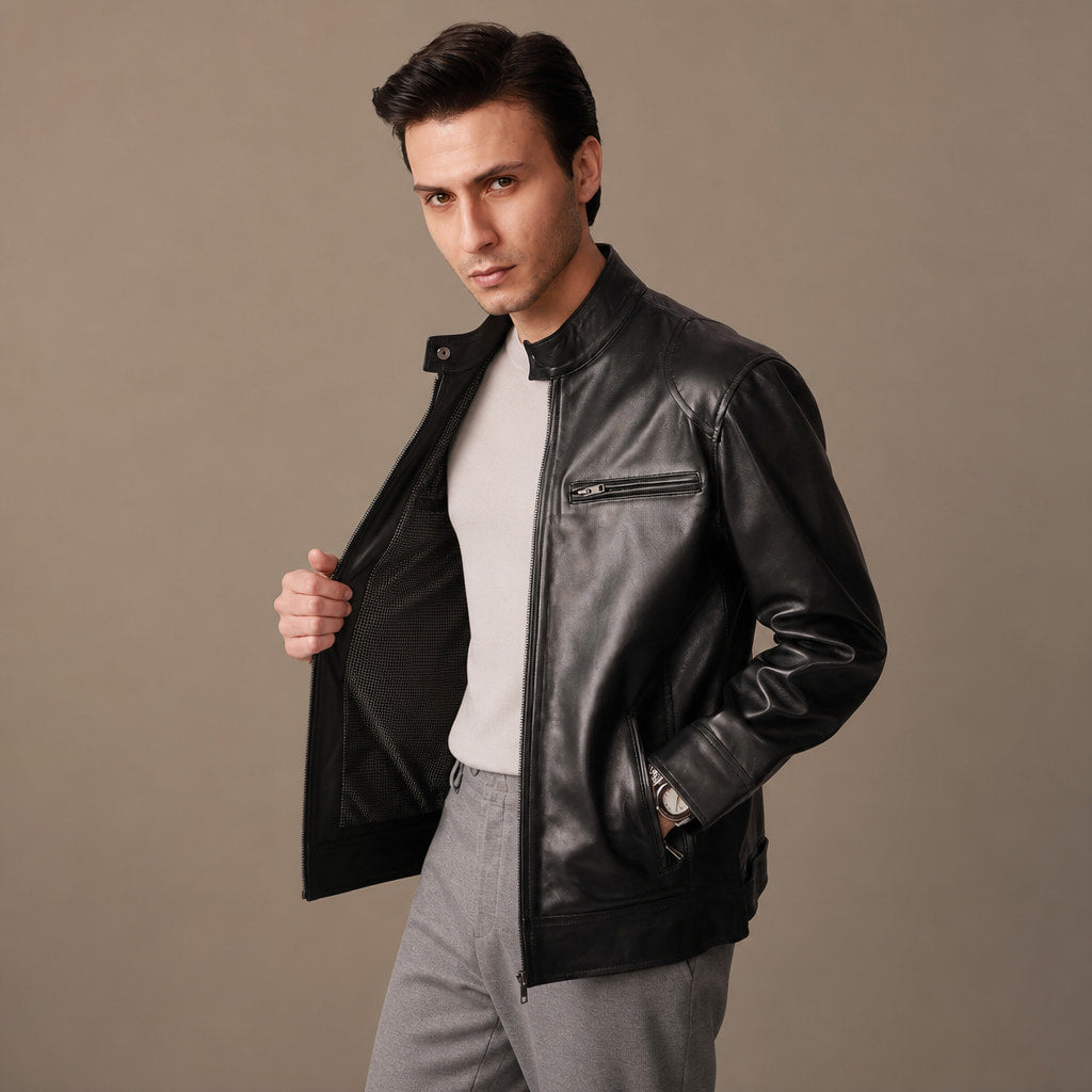 Smolder Black Cafe Racer Leather Jacket For Men Black – Side Angle View