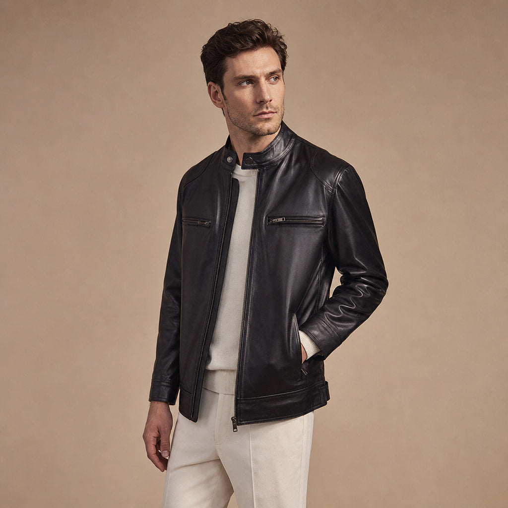 Smolder Black Cafe Racer Leather Jacket For Men Black – Side Angle View