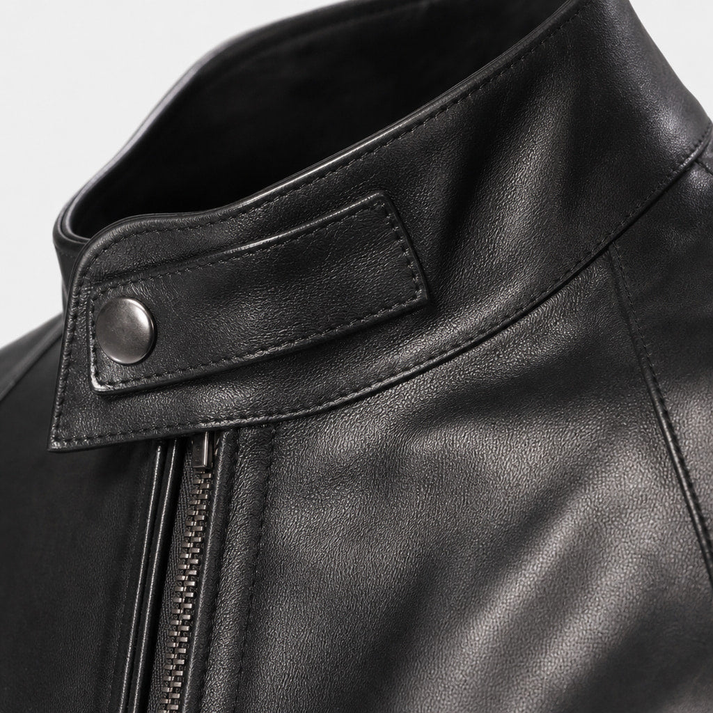 Smolder Black Cafe Racer Leather Jacket For Men Black – Fabric and Detail Close-Up