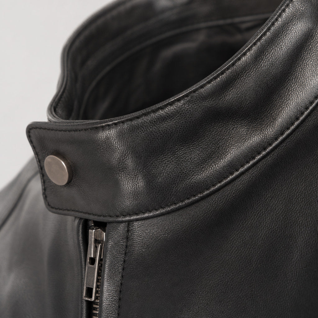 Smolder Black Cafe Racer Leather Jacket For Men Black – Fabric and Detail Close-Up