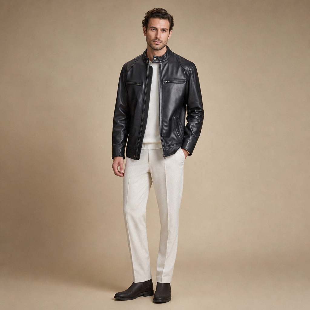 Smolder Black Cafe Racer Leather Jacket For Men Black – Full Look