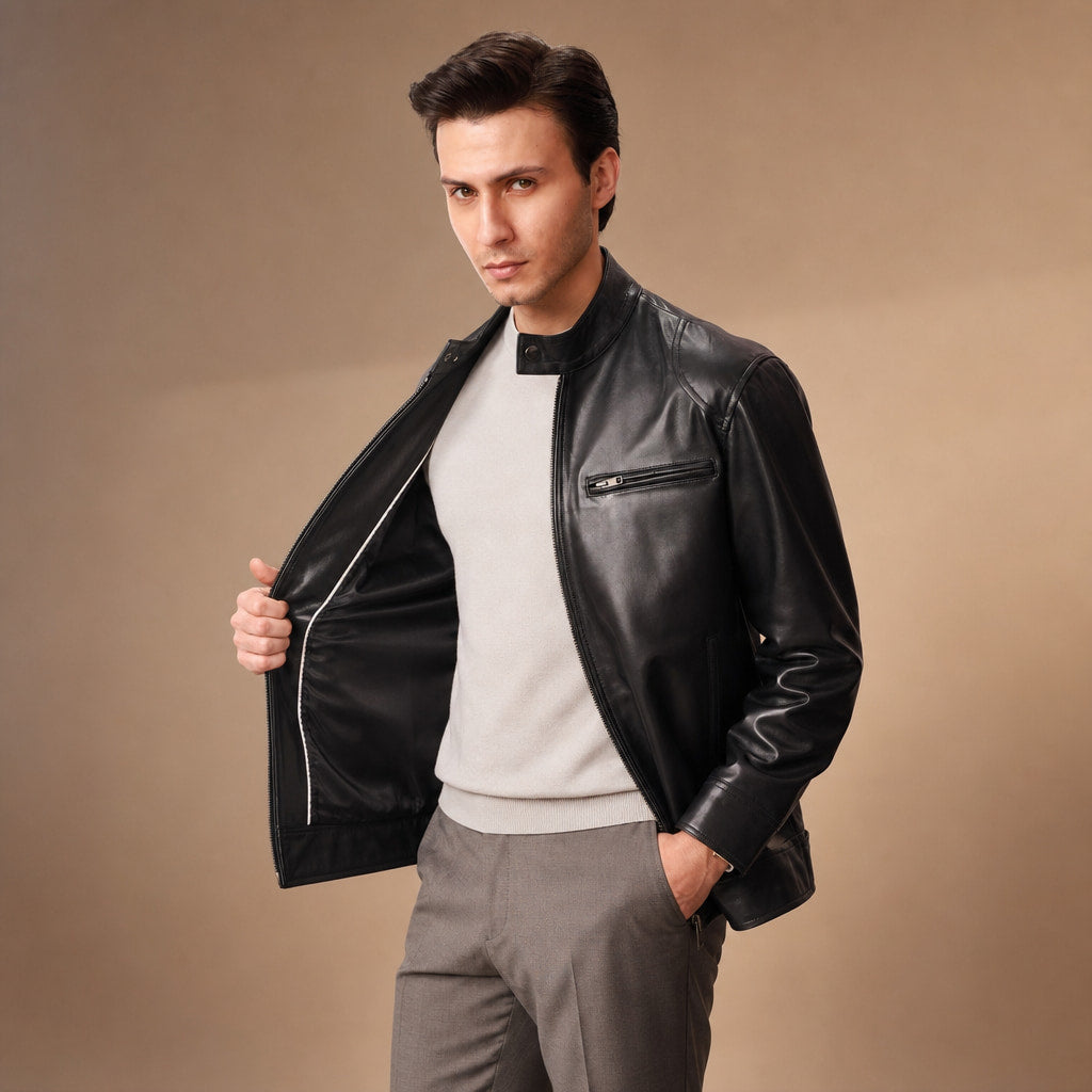 Smolder Black Cafe Racer Leather Jacket For Men in Black – Tarlano Premium Menswear