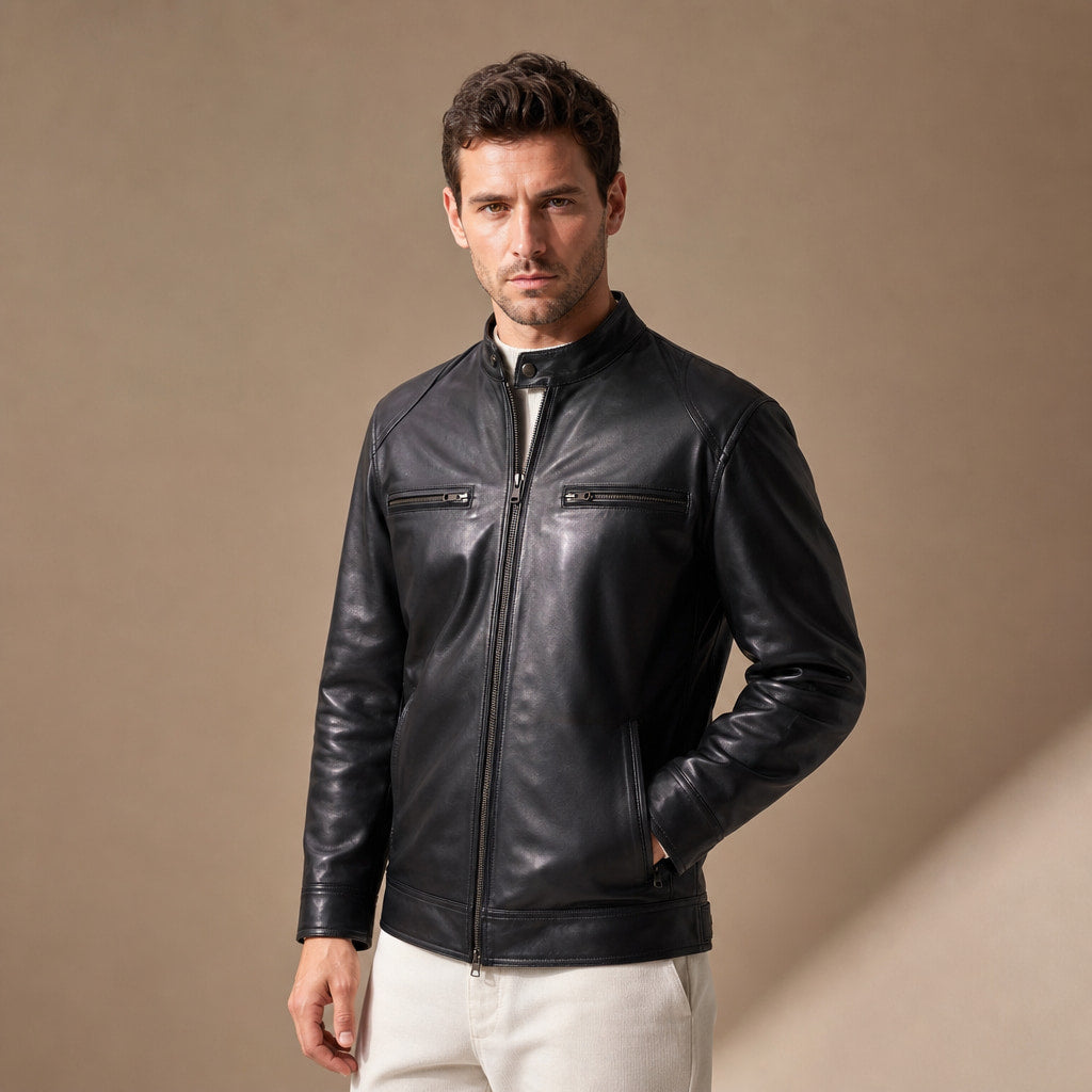 Smolder Black Cafe Racer Leather Jacket For Men in Black – Tarlano Premium Menswear
