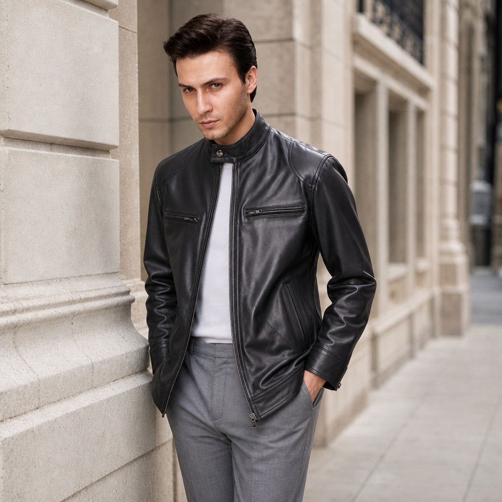 Smolder Black Cafe Racer Leather Jacket For Men Black – Styled Editorial Shot