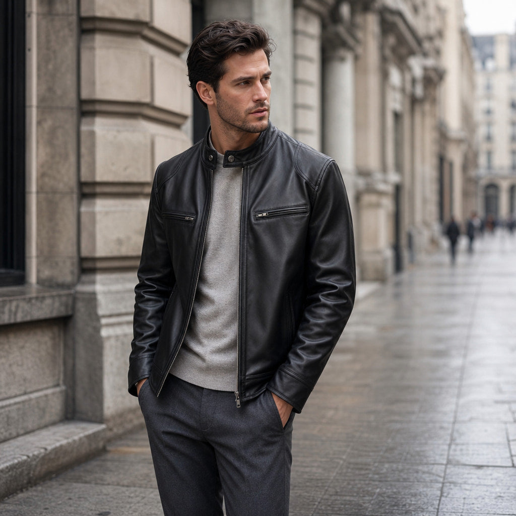 Smolder Black Cafe Racer Leather Jacket For Men Black – Styled Editorial Shot