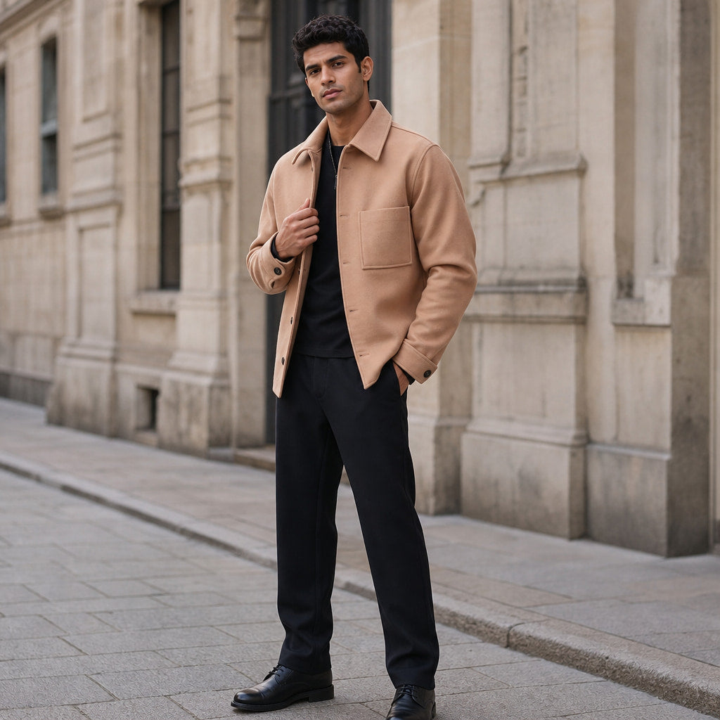 Softcore Sepia Tan Wool Sweater Jacket For Men Tan – Styled Editorial Shot
