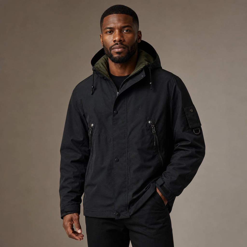 Softshell Jacket Adjustable Hood Water-Resistant Black – Product Photo