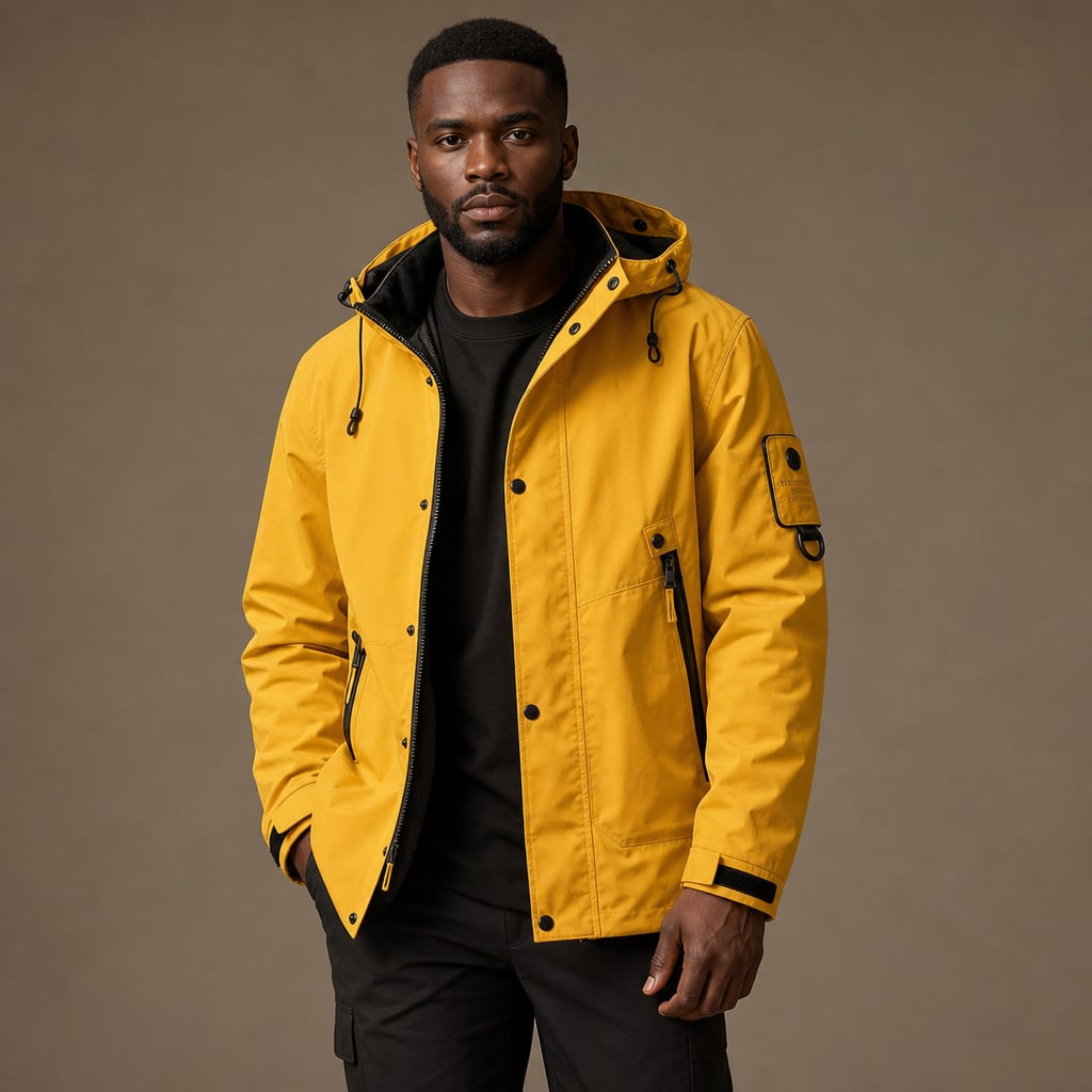 Softshell Jacket Adjustable Hood Water-Resistant Mustard Yellow – Product Photo