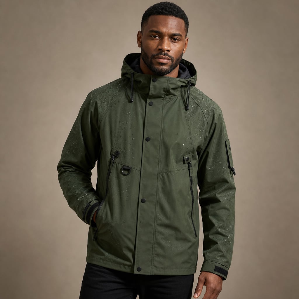 Softshell Jacket Adjustable Hood Water-Resistant Olive Green – Product Photo