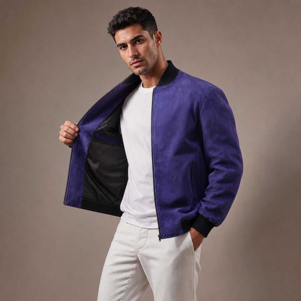 Solitaire Indigo Suede Leather Bomber Jacket For Men – Side Angle View