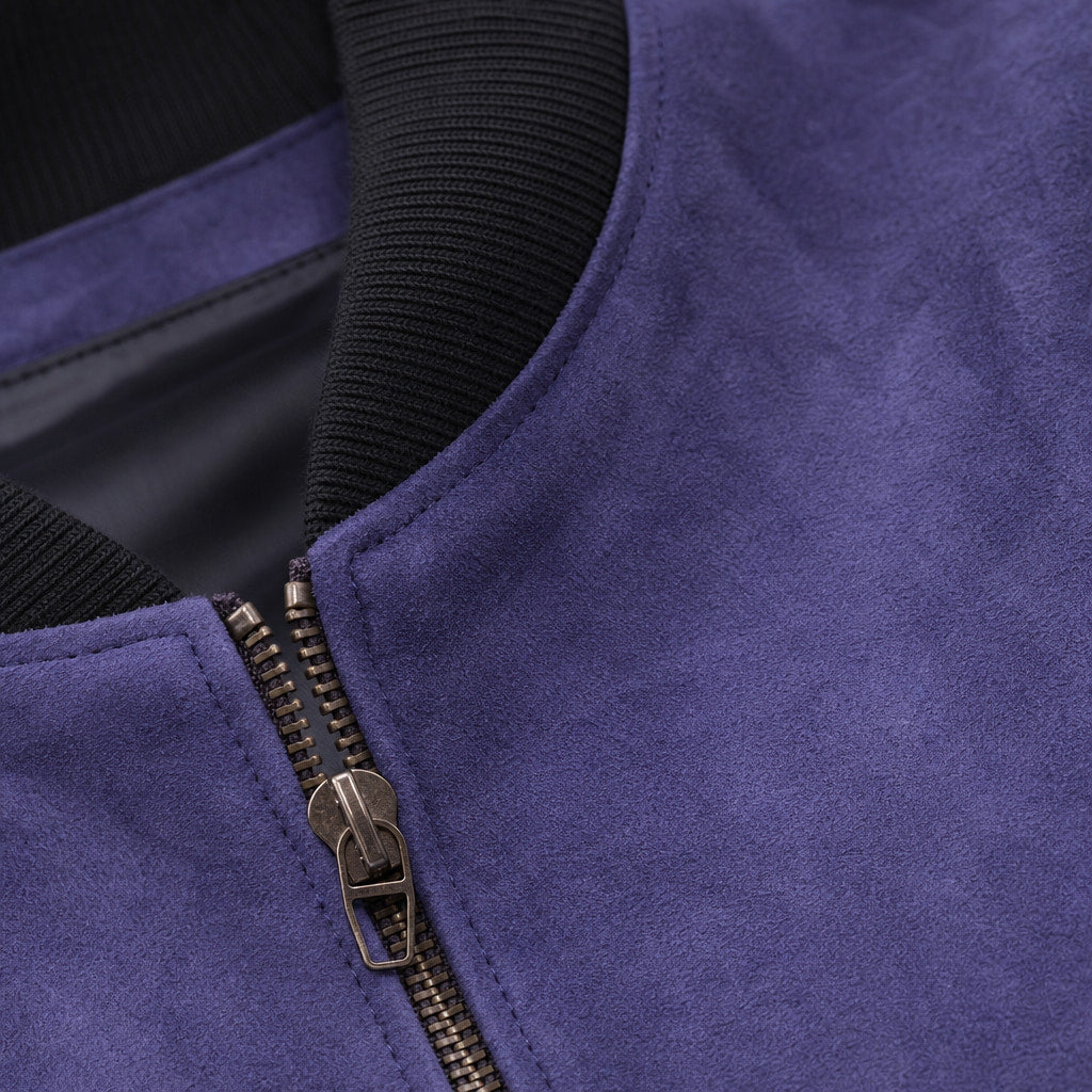 Solitaire Indigo Suede Leather Bomber Jacket For Men – Fabric and Detail Close-Up