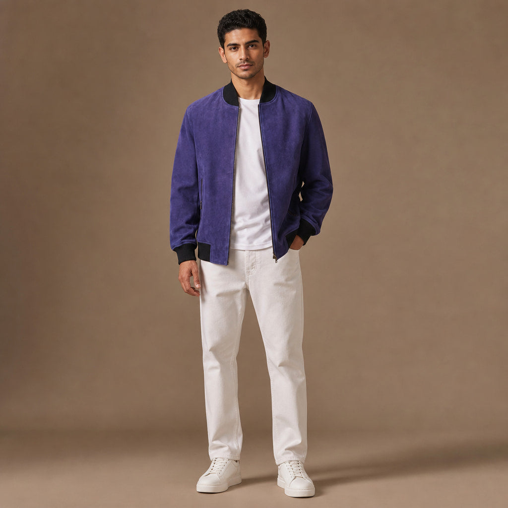 Solitaire Indigo Suede Leather Bomber Jacket For Men – Full Look