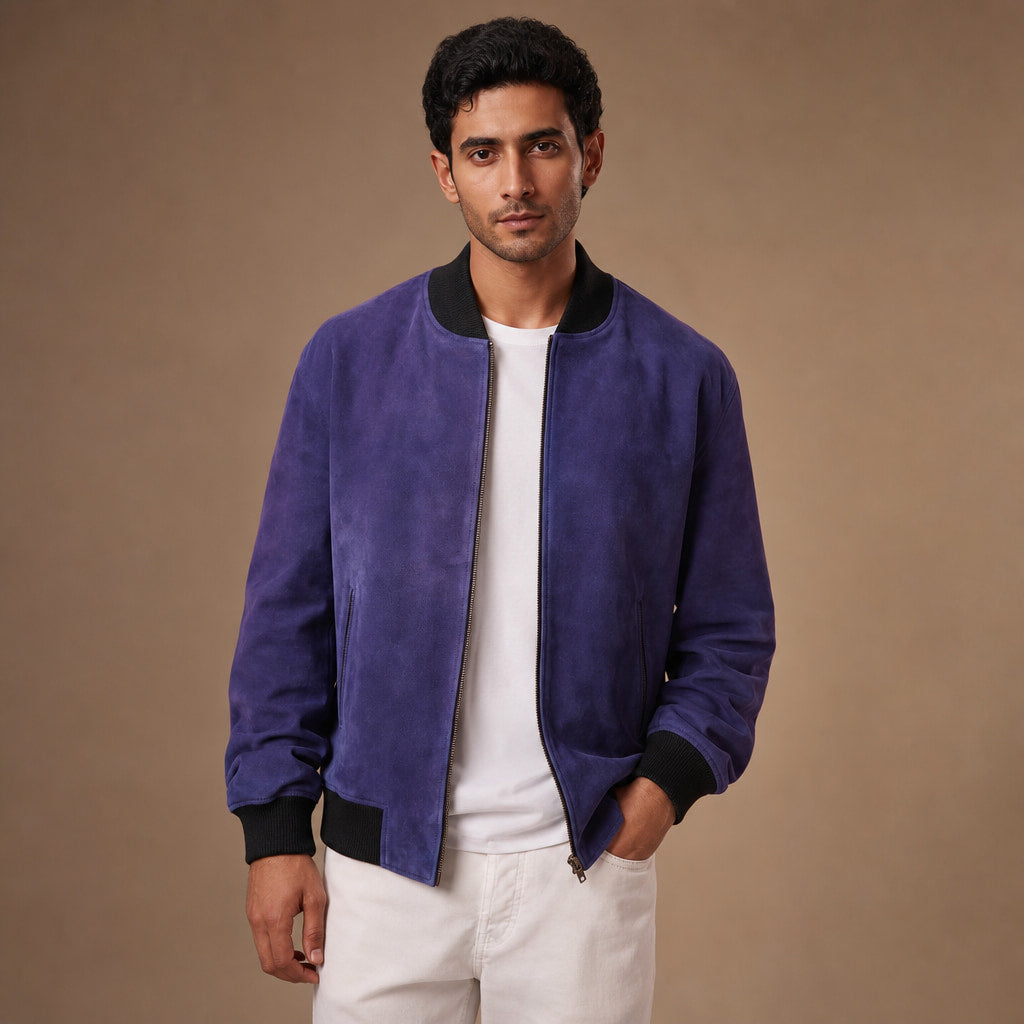 Solitaire Indigo Suede Leather Bomber Jacket For Men – Product Photo
