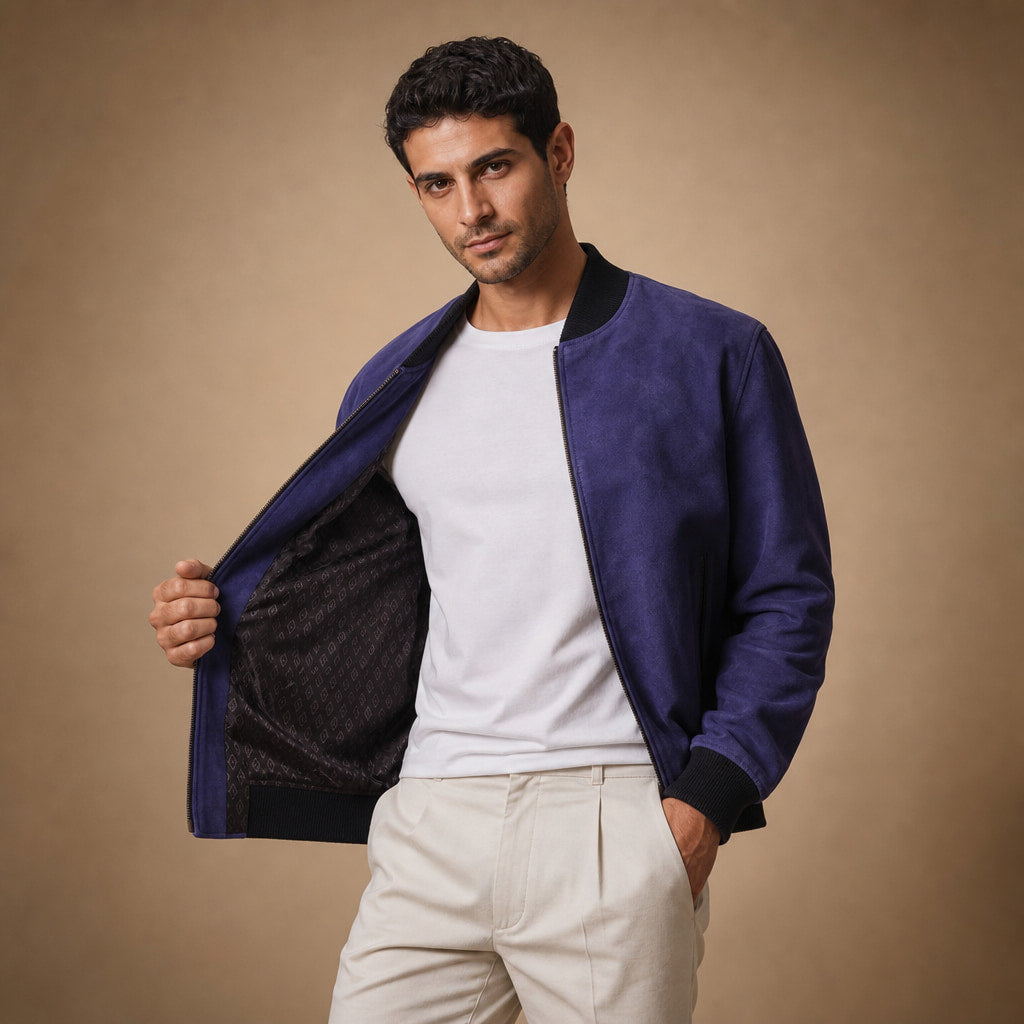 Solitaire Indigo Suede Leather Bomber Jacket For Men – Tarlano Premium Menswear