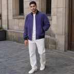 Solitaire Indigo Suede Leather Bomber Jacket For Men – Styled Editorial Shot