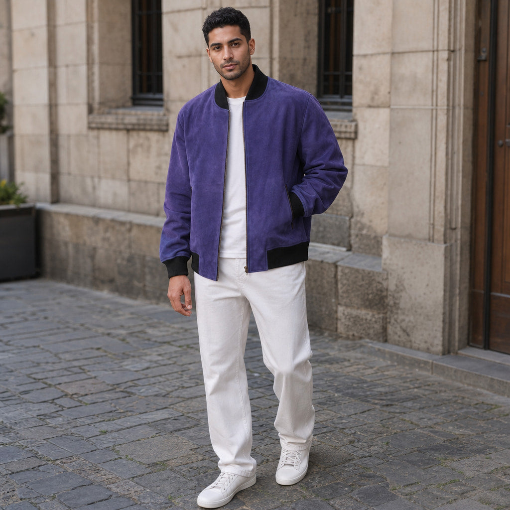 Solitaire Indigo Suede Leather Bomber Jacket For Men – Styled Editorial Shot
