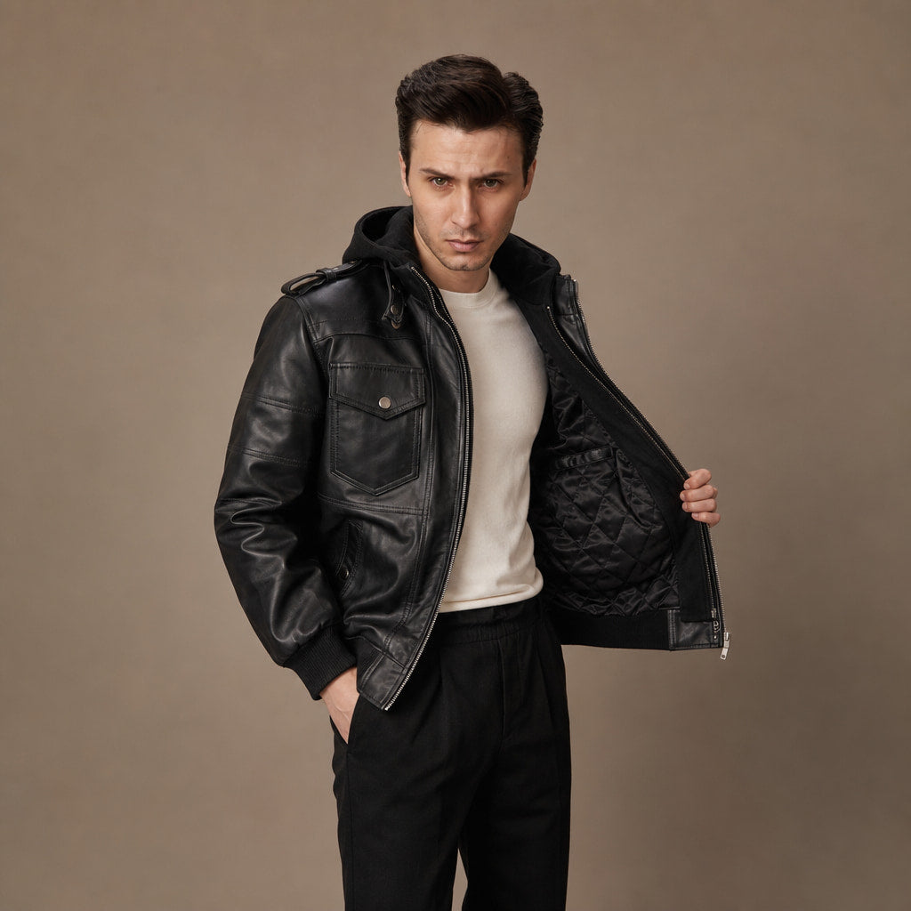 Spazz Black Bomber Leather Jacket with Removable Hood For Men Black – Side Angle View