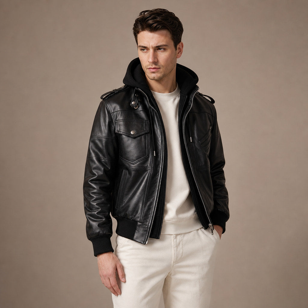 Spazz Black Bomber Leather Jacket with Removable Hood For Men Black – Side Angle View