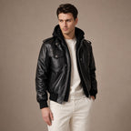 Spazz Black Bomber Leather Jacket with Removable Hood For Men Black – Side Angle View