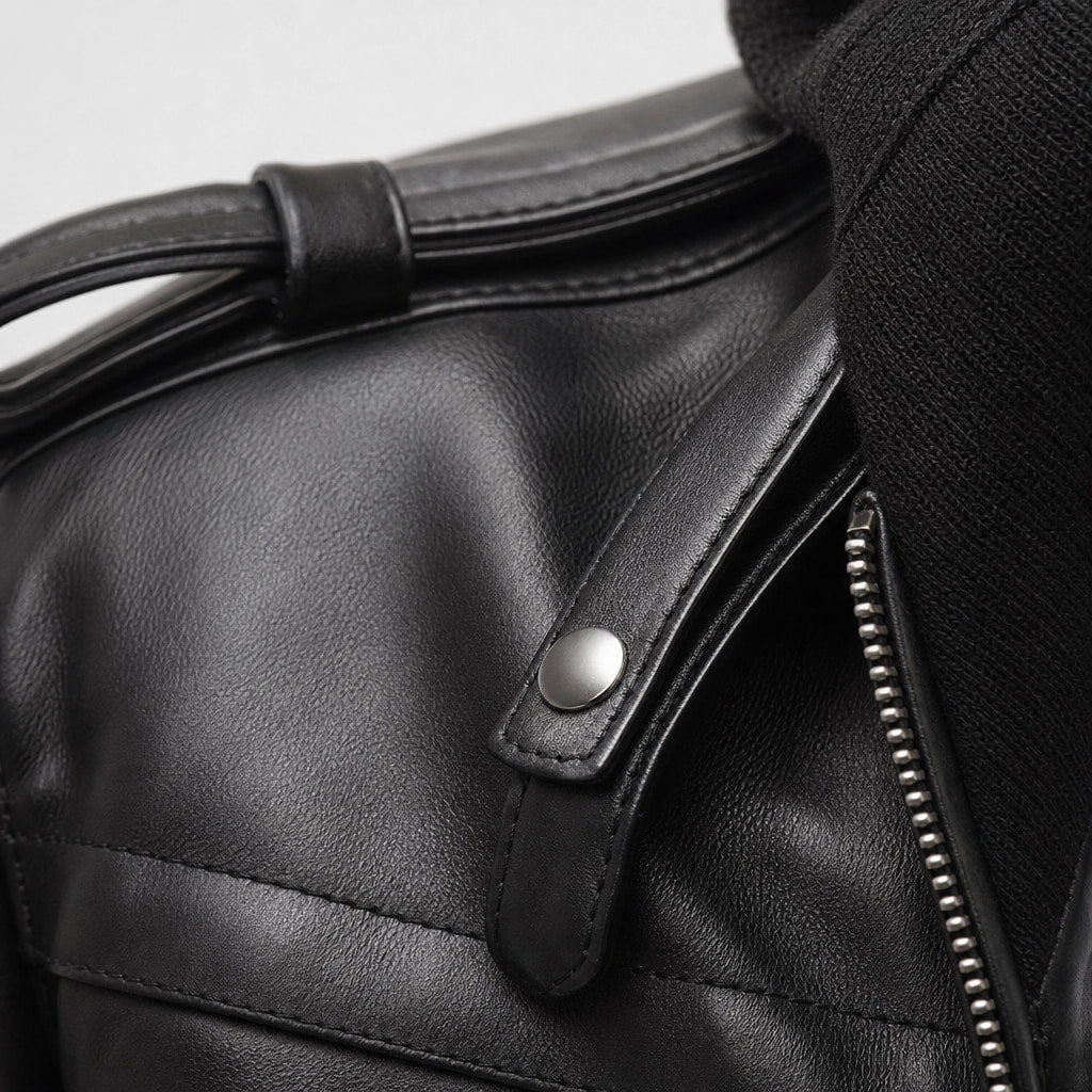 Spazz Black Bomber Leather Jacket with Removable Hood For Men Black – Fabric and Detail Close-Up