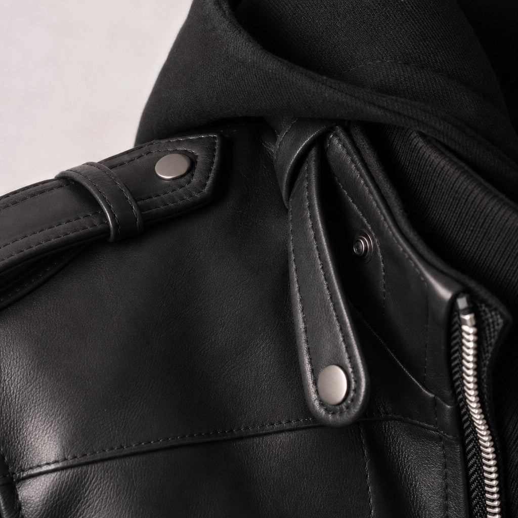 Spazz Black Bomber Leather Jacket with Removable Hood For Men Black – Fabric and Detail Close-Up