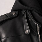 Spazz Black Bomber Leather Jacket with Removable Hood For Men Black – Fabric and Detail Close-Up