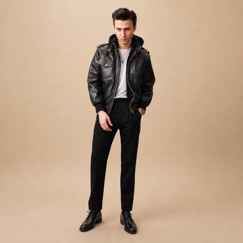 Spazz Black Bomber Leather Jacket with Removable Hood For Men Black – Full Look