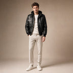 Spazz Black Bomber Leather Jacket with Removable Hood For Men Black – Full Look